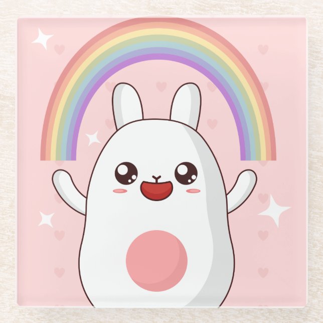 Kawaii rainbow clipart glass coaster (Front)