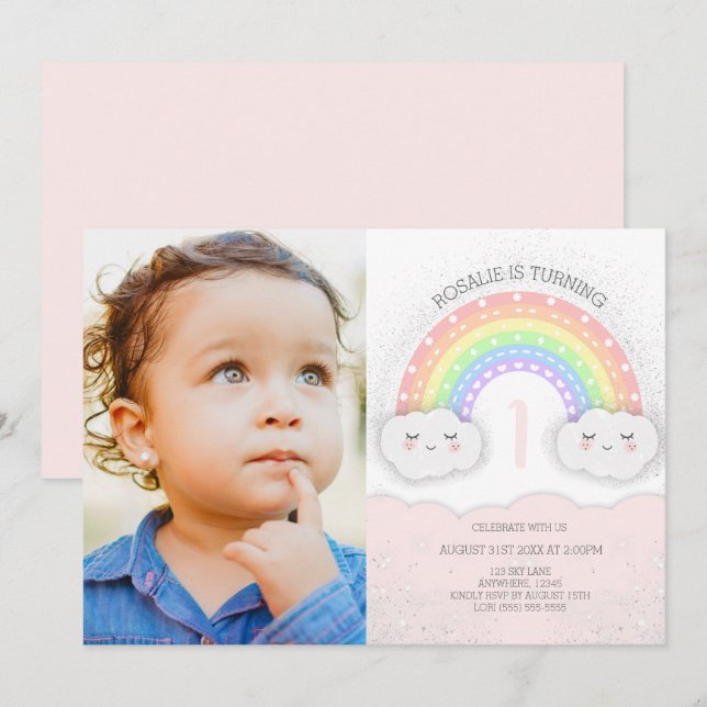 Kawaii Rainbow & Clouds Girl Birthday Photo Invitation (Front/Back)