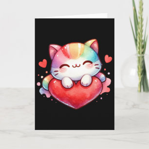 Kawaii Rainbow Cute Cat Hugging Heart Kitty Love C Card