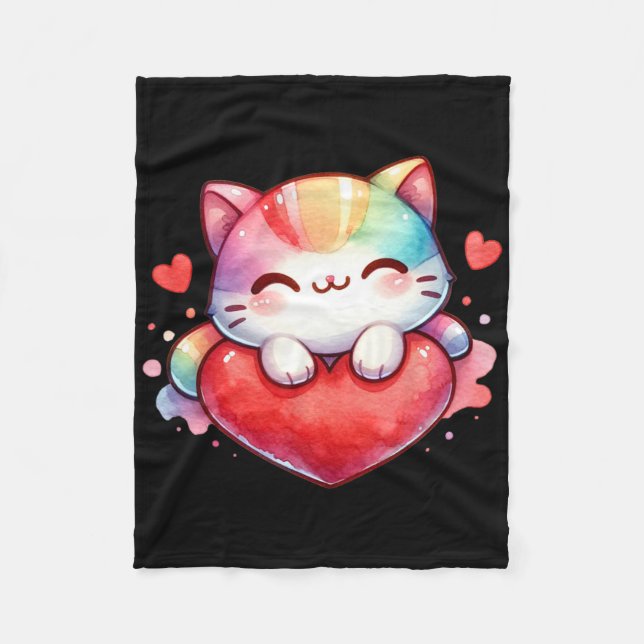 Kawaii Rainbow Cute Cat Hugging Heart Kitty Love C Fleece Blanket (Front)