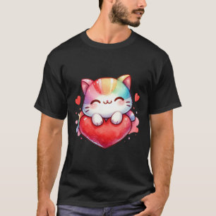 Kawaii Rainbow Cute Cat Hugging Heart Kitty Love C T-Shirt