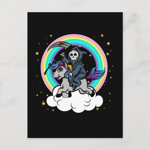 Kawaii Rainbow Grim Reaper riding Unicorn Postcard