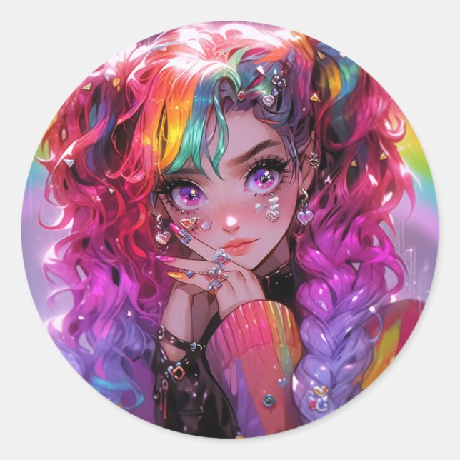 Kawaii Rainbow Hair Braids Anime Girl Classic Round Sticker (Front)