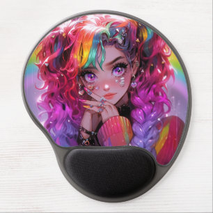 Kawaii Rainbow Hair Braids Anime Girl Gel Mouse Pad