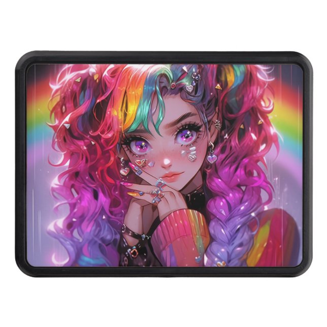 Kawaii Rainbow Hair Braids Anime Girl Hitch Cover (Front)