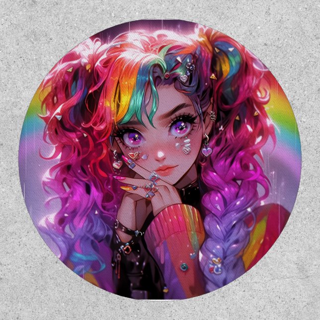 Kawaii Rainbow Hair Braids Anime Girl Patch (Front)