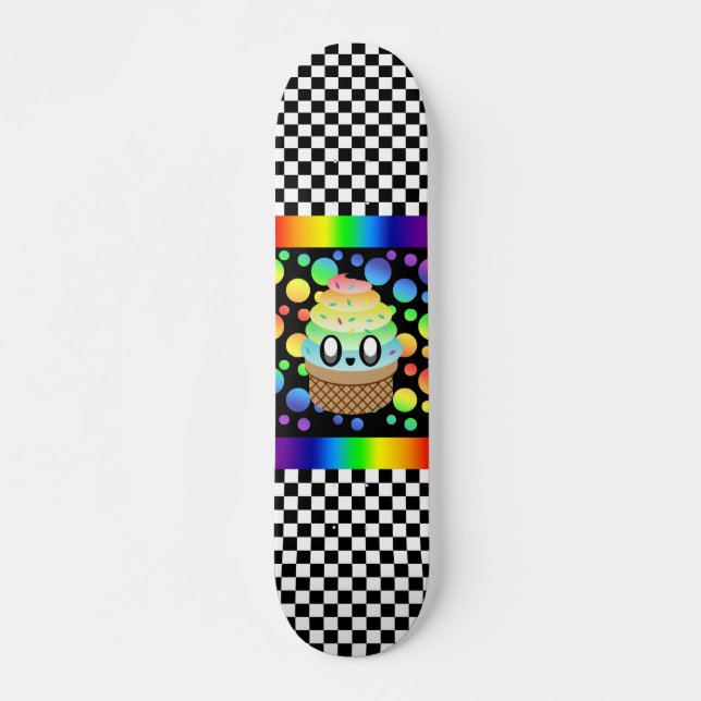 Kawaii Rainbow Ice Cream Cone Checkerboard Skateboard Deck (Front)