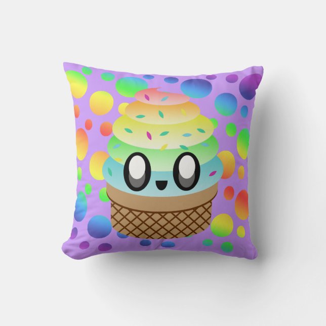Kawaii Rainbow Ice Cream Cone Throw Pillow (Front)