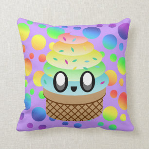 Kawaii Rainbow Ice Cream Cone Throw Pillow