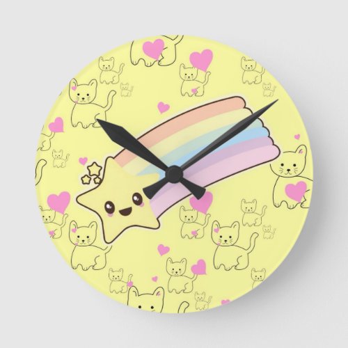 Kawaii rainbow kittens pattern so cute So Kawaii Round Clock
