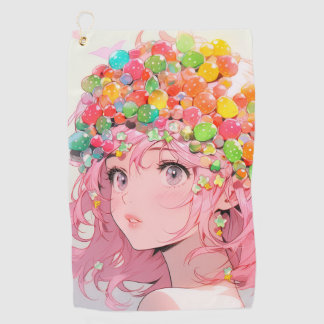 Kawaii Rainbow Pastel Candy Mushroom Anime Girl Golf Towel