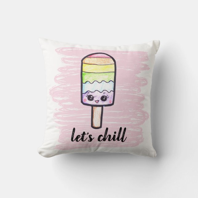 kawaii rainbow popsicle Let's chill cute drawing Throw Pillow (Front)
