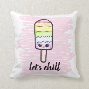 kawaii rainbow popsicle Let's chill cute drawing Throw Pillow