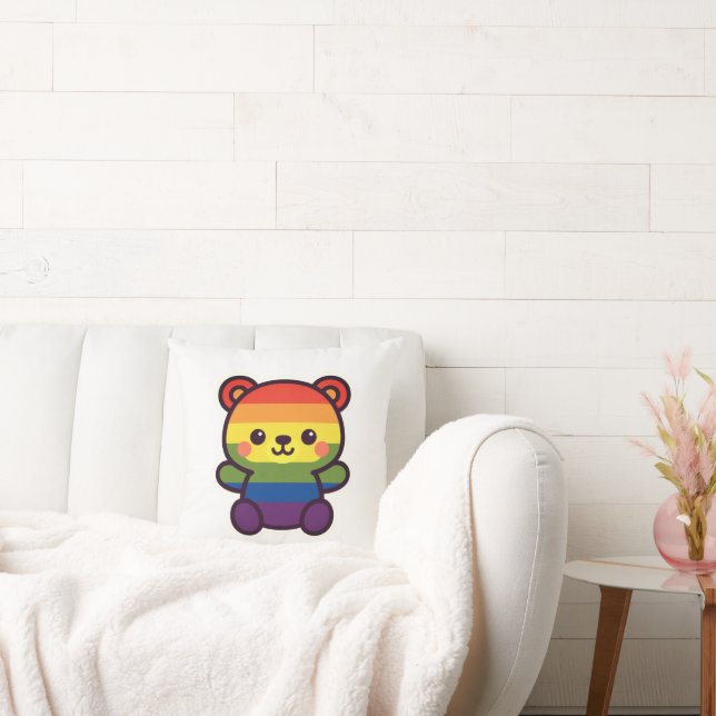 Kawaii Rainbow Teddy – A Cute LGBTQ+ Pride Plush Throw Pillow (Couch)