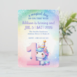 Kawaii Rainbow Unicorn 1st Birthday Party  Invitation