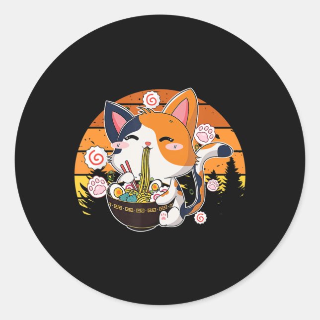 Kawaii Ramen Cat Anime Japanese Neko Noodle Fun Vi Classic Round Sticker (Front)