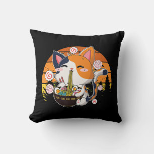 Kawaii Ramen Cat Anime Japanese Neko Noodle Fun Vi Throw Pillow