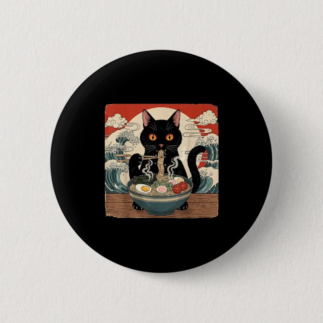 Kawaii Ramen Cat Anime Japanese Noodles Food Wave  Button (Front)