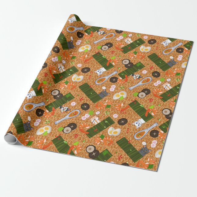 Kawaii Ramen Cats Wrapping Paper (Unrolled)