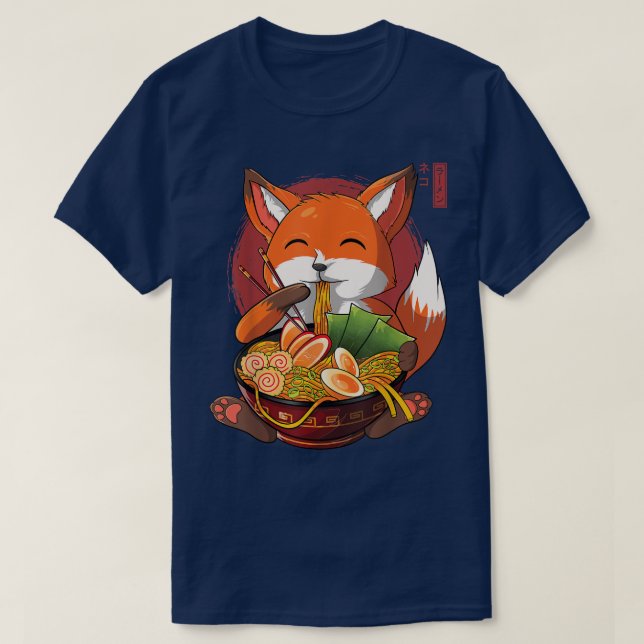 Kawaii Ramen Fox, Japanese Neko Noodle Funny Anime T-Shirt (Design Front)