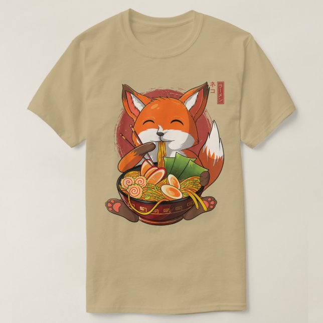 Kawaii Ramen Fox, Japanese Neko Noodle Funny Anime T-Shirt (Design Front)