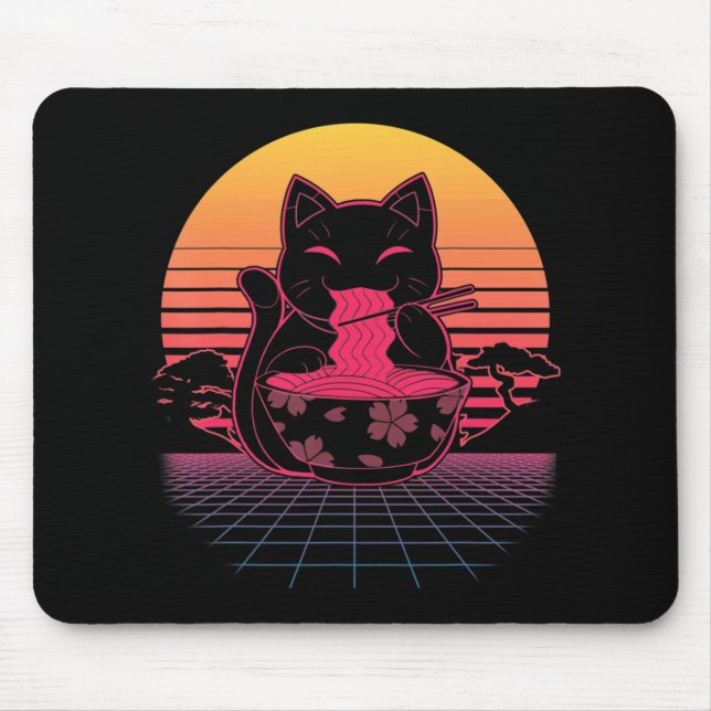 Kawaii Ramen Neko Retro Cat Japanese Noodle Anime  Mouse Pad (Front)