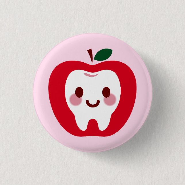 Kawaii Red Apple Tooth Character Button (Front)