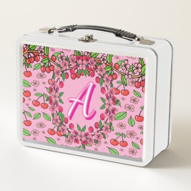 Kawaii Red Cherry Vibes Cute Girly Aesthetic Metal Lunch Box (Front)