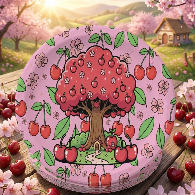 Kawaii Red Cherry Vibes Cute Girly Aesthetic Paper Plates (Creator Uploaded)