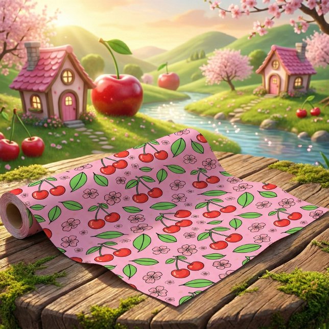 Kawaii Red Cherry Vibes Cute Girly Aesthetic Wrapping Paper (Creator Uploaded)