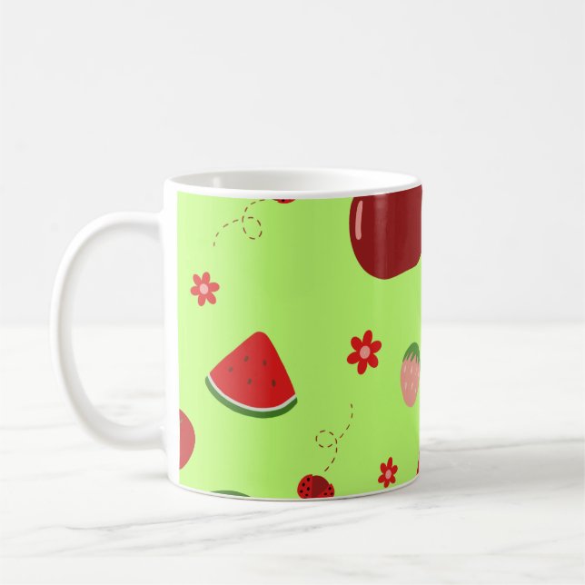 Kawaii Red Fruits Pattern in Lime Green Coffee Mug (Left)