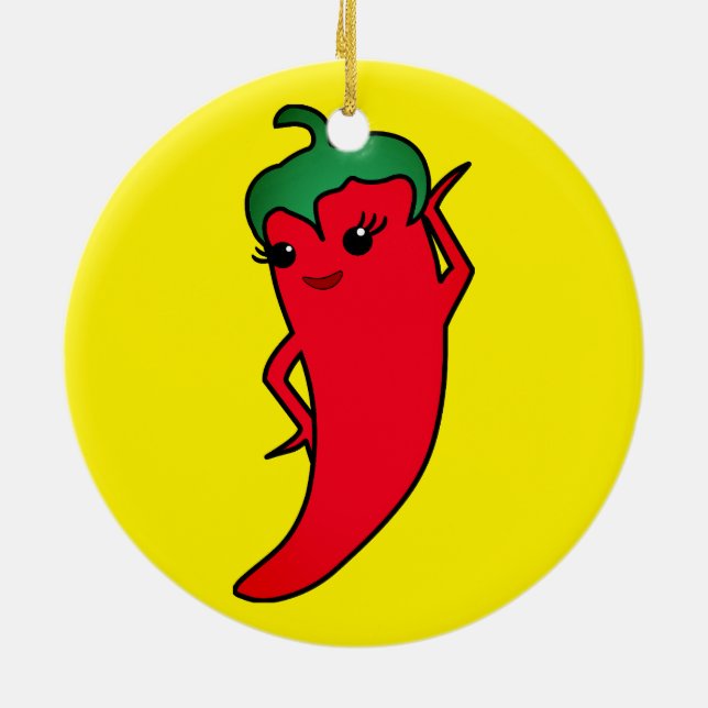 Kawaii Red Hot Pepper Diva Ceramic Ornament (Back)