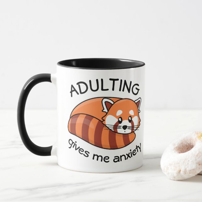 Kawaii Red Panda: Adulting gives me anxiety Mug (With Donut)