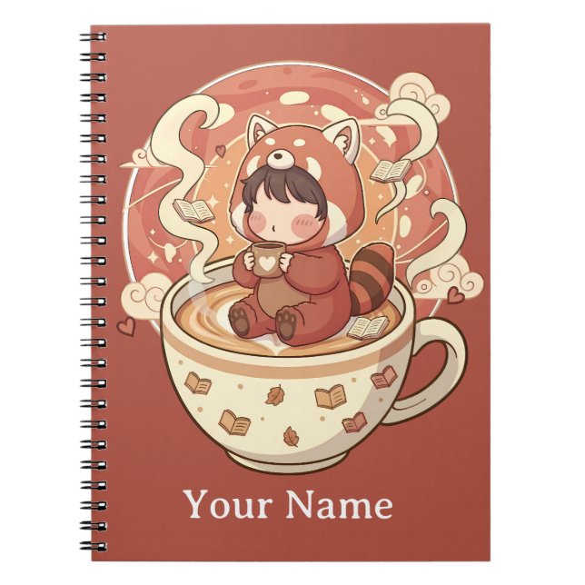 Kawaii Red Panda Coffee Study Spiral Notebook (Front)