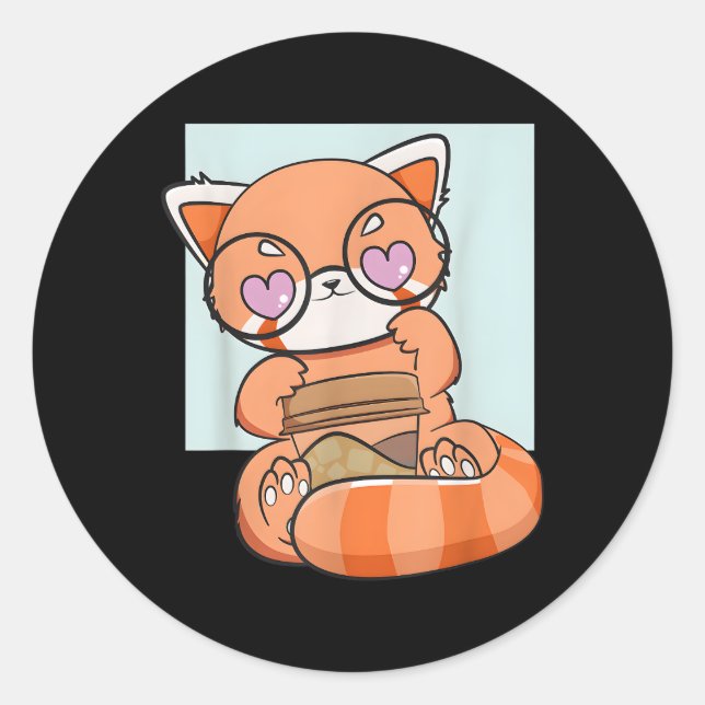 Kawaii Red Panda Drinking Coffee Anime Bear Classic Round Sticker (Front)