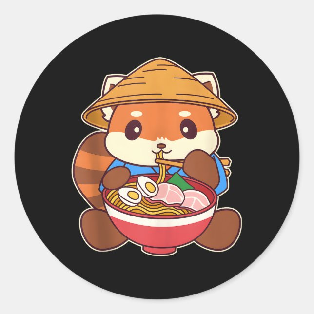 Kawaii Red Panda Eating Ra Noodle Classic Round Sticker (Front)