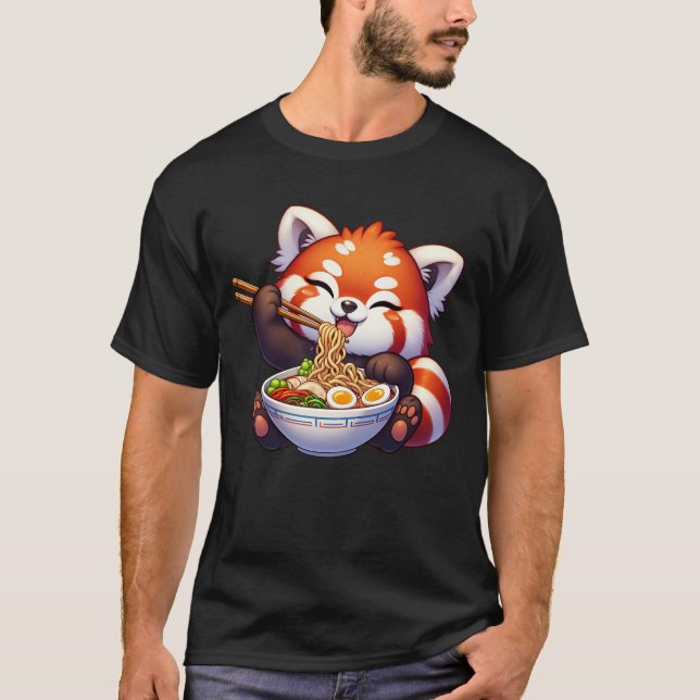 Kawaii Red Panda Eating Ramen Noodle Anime T-Shirt (Front)