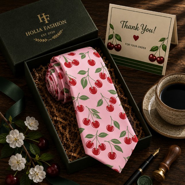 Kawaii Red Sweet Cherry Pattern Neck Tie (Creator Uploaded)