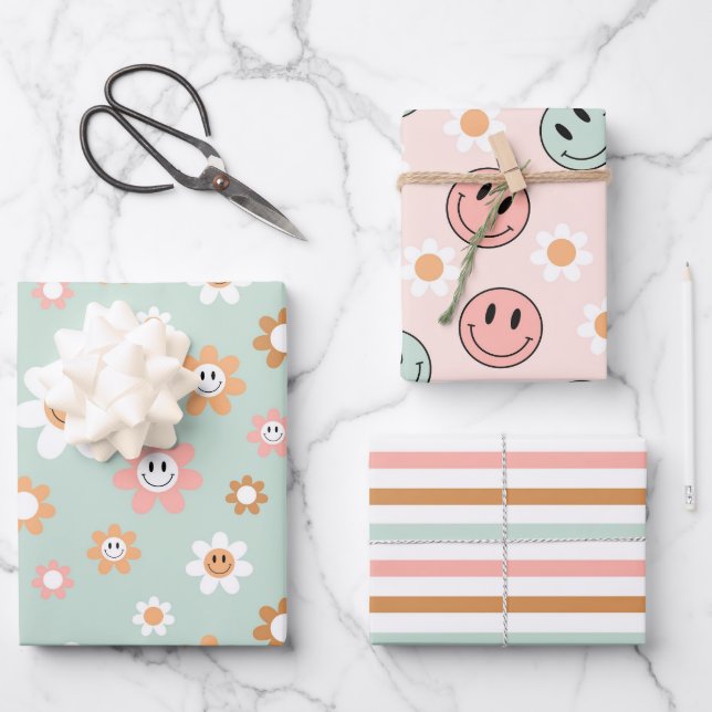 Kawaii Retro Groovy Wrapping Paper Sheets (Front)