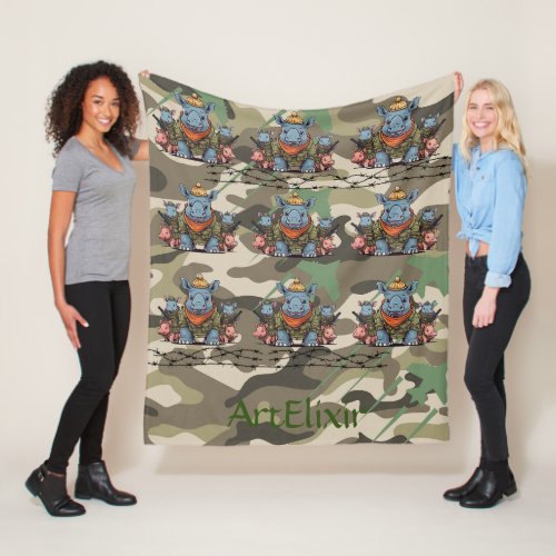 Kawaii Rhinoceros Army Pattern Fleece Blanket