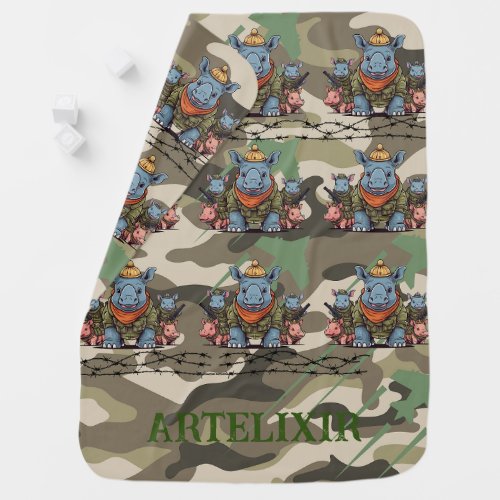 Kawaii Rhinoceros Army Print Baby Blanket