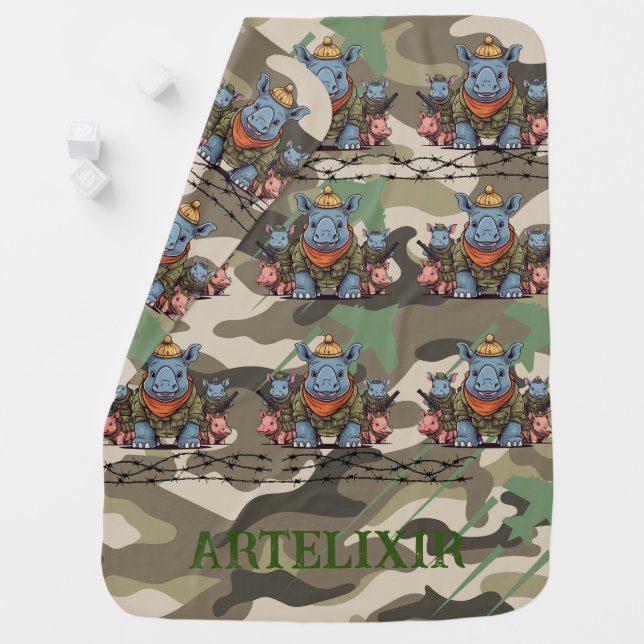 Kawaii Rhinoceros Army Print Baby Blanket (In Situ)