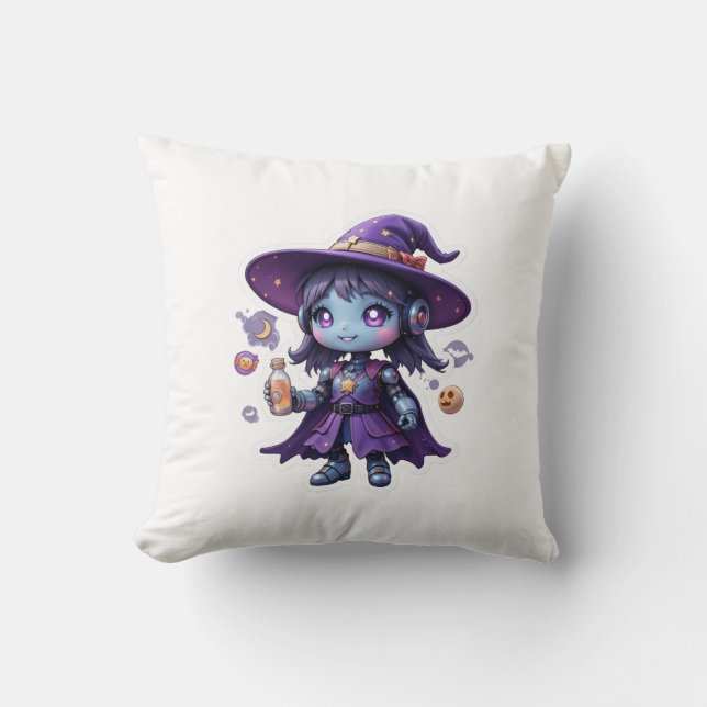 Kawaii Robot Witch Girl Cute Magical Tech Decor  Throw Pillow (Front)