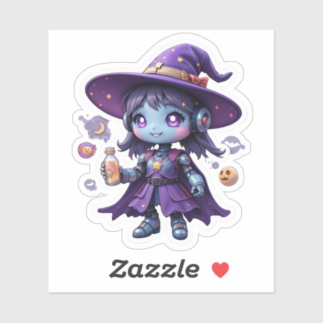 Kawaii Robot Witch Girl Vinyl Cute Tech Sorceress Sticker (Sheet)
