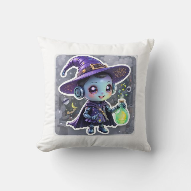Kawaii Robot Witch Halloween Throw Pillow (Front)