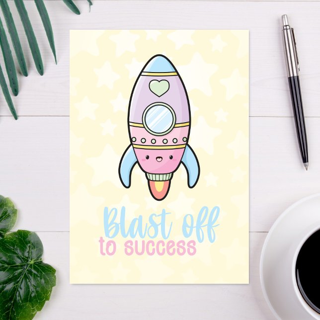 Kawaii rocket blast off to success motivation pun card (Creator Uploaded)