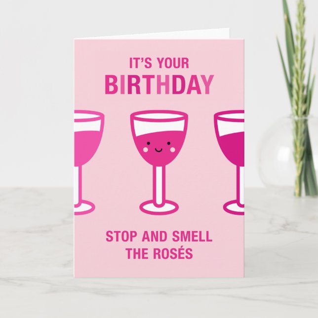 Kawaii Rose Wine Birthday Card (Front)