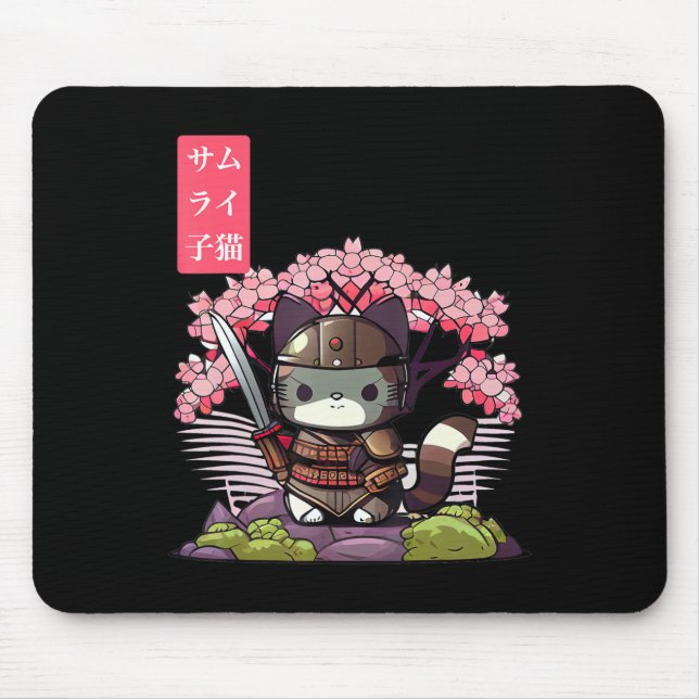Kawaii Samurai Kitten with Cherry Blossom Japanese Mouse Pad (Front)