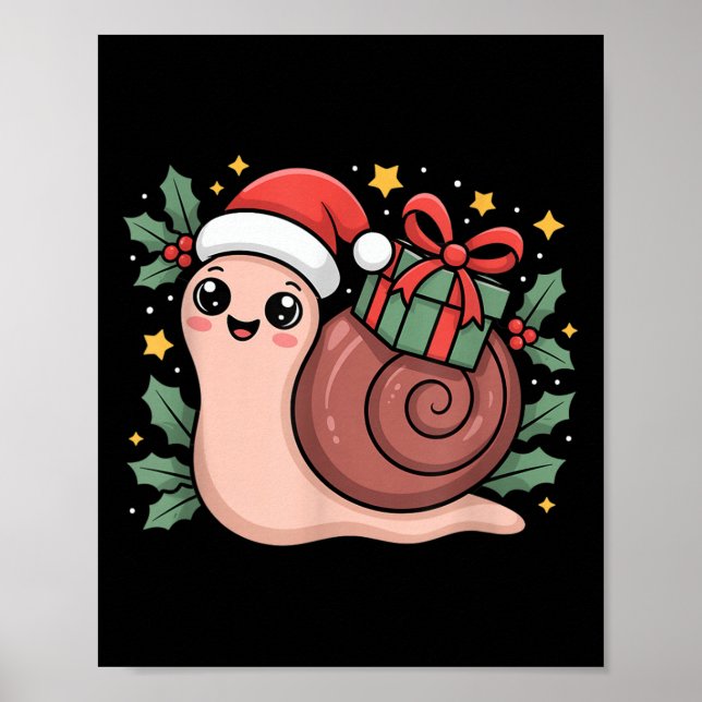 Kawaii Santa Snail With Wrapped Box And Holly Star Poster (Front)
