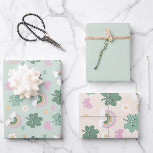 Kawaii Shamrock & Rainbow  Pastel Green set of 3 Wrapping Paper Sheets